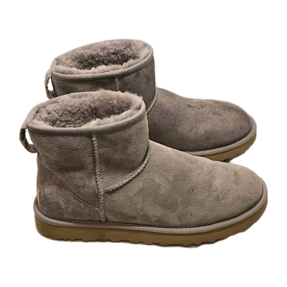 UGG Australia Classic Mini Ankle Boots Gray Suede Sheepskin Lined Pull On